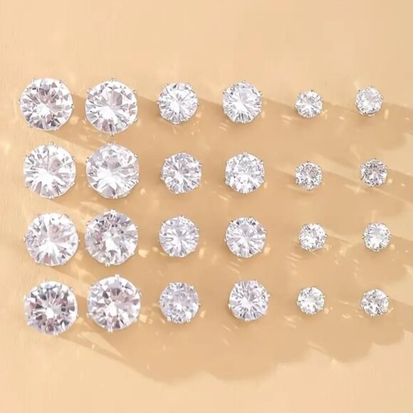 Jewelry - NWT 12-Pair Cubic Zirconia Stud Earrings Set Hypoallergenic Silver Plated